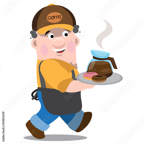 Seller coffee. Cartoon character, man in uniform with a tray and hot coffee.