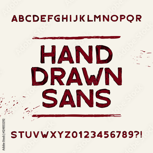 Hand drawn alphabet font. Dirty sans serif letters and numbers. Vector typeface for your design.