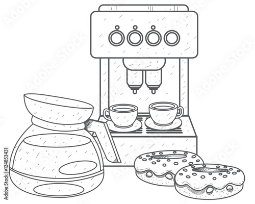 Teapot brewing coffee outline drawing. Coffee machine and donuts.