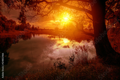 Fototapeta Naklejka Na Ścianę i Meble -  Rural landscape with lake at magical orange sunset