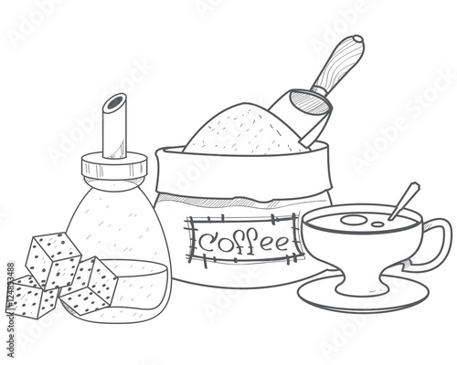 Sack of coffee beans, sugar and cup outline drawing.