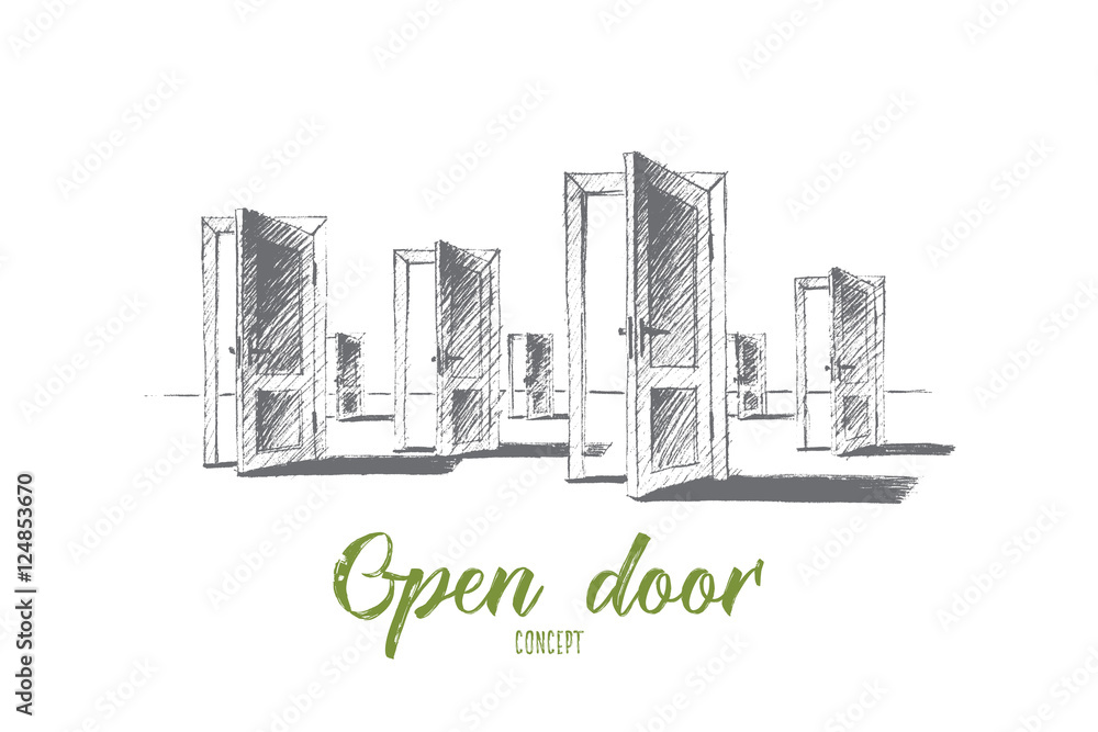Vector hand drawn open doors concept sketch. Many open doors meaning