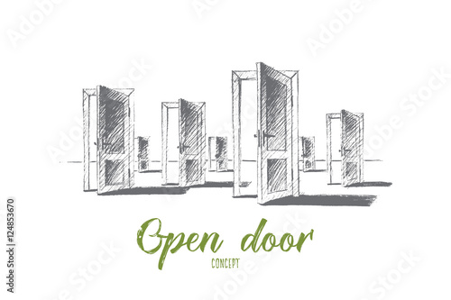 Vector hand drawn open doors concept sketch. Many open doors meaning problem of right choice and new opportunities. Lettering Open door concept
