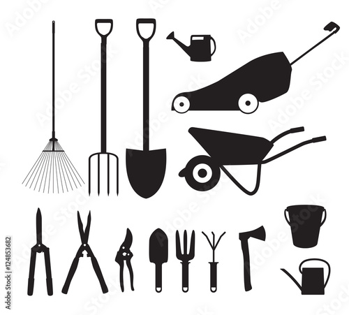 Garden Tools, Instruments Flat Icon Collection Set. Shovel, buck