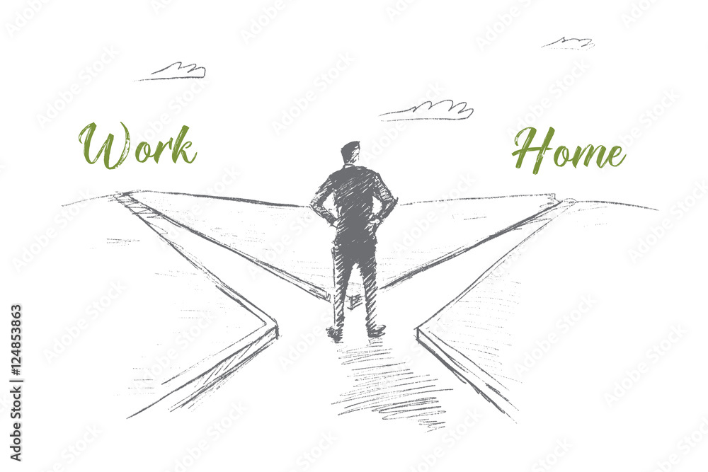 Vector hand drawn work or home choosing concept sketch. Man standing at crossroads and doubting whether to go home or work. Lettering Work Home Vector hand drawn work or home choosing concept sketch. Man standing at crossroads and doubting whether to go home or work. Lettering Work Home