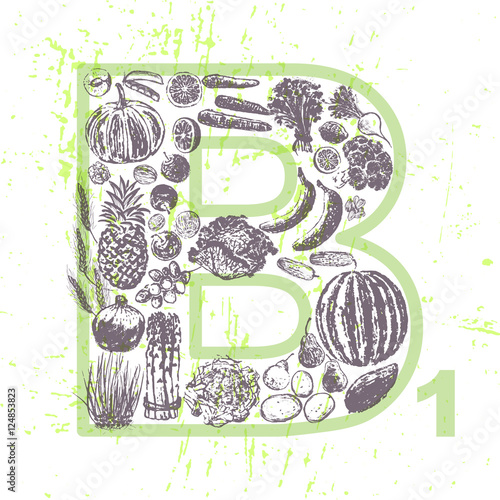 Ink hand drawn fruits and vegetables that contain vitamin B1