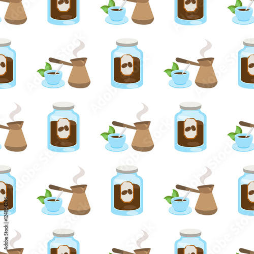 Seamless pattern with illustrations on a coffee theme. Turkish coffee pot, cup of coffee and jar of coffee.