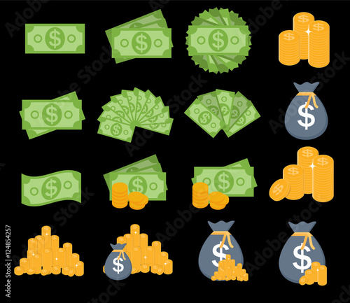 US Dollar Stack Paper Banknotes and Gold Coins Icon Sign Collect