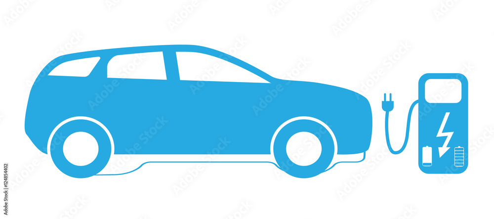 Concept Electric Car on batteries, and Fuel Station. Vector Illu Concept Electric Car on batteries, and Fuel Station. Vector Illu