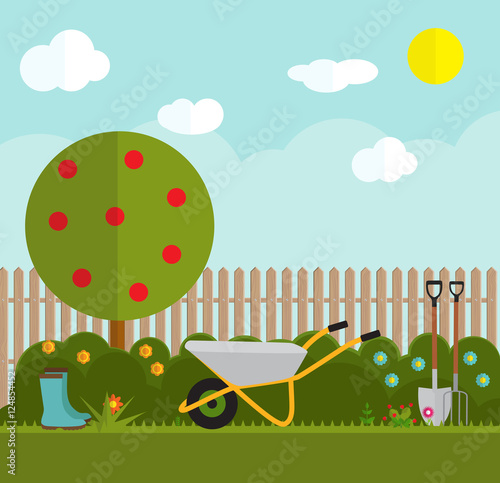 Gardening Flat Background Vector Illustration. Garden Tools, Tre