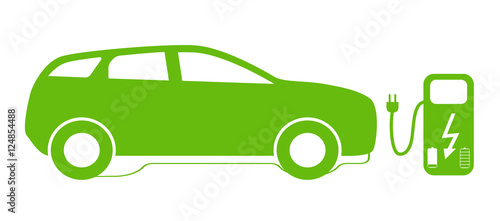 Concept Electric Car on batteries, and Fuel Station. Vector Illu