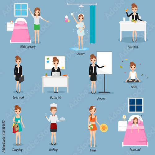 Daily routine of business people character. Woman life style.
