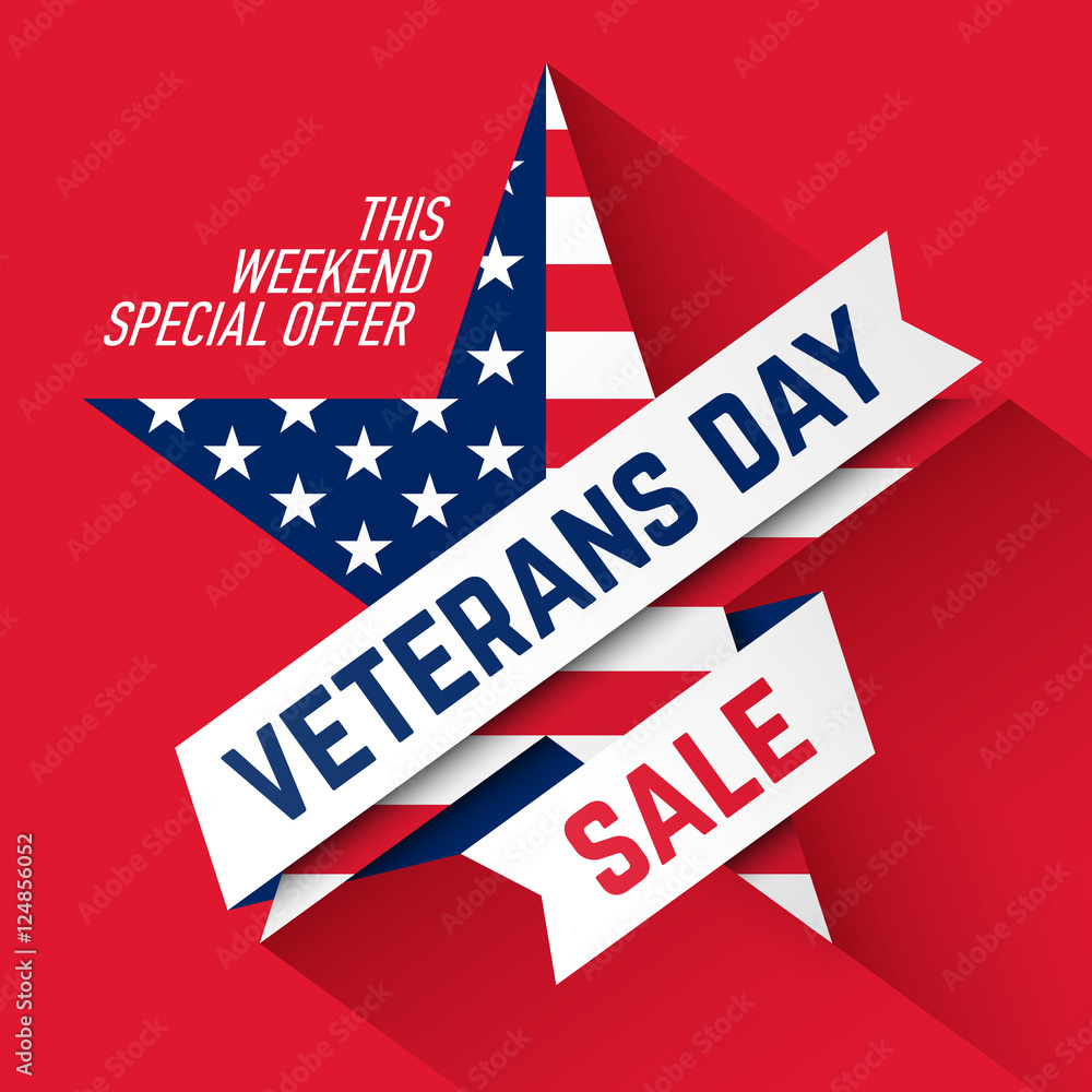 Veterans Day Sale banner. Weekend offer, up to 50 off. Stock Vector