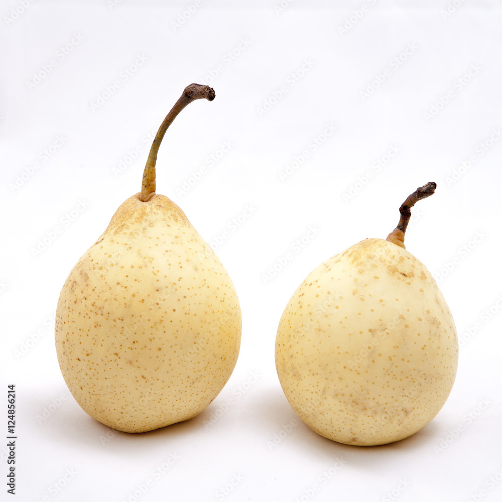 Two yellow red pears isolated on white background as package design element Two yellow red pears isolated on white background as package design element
