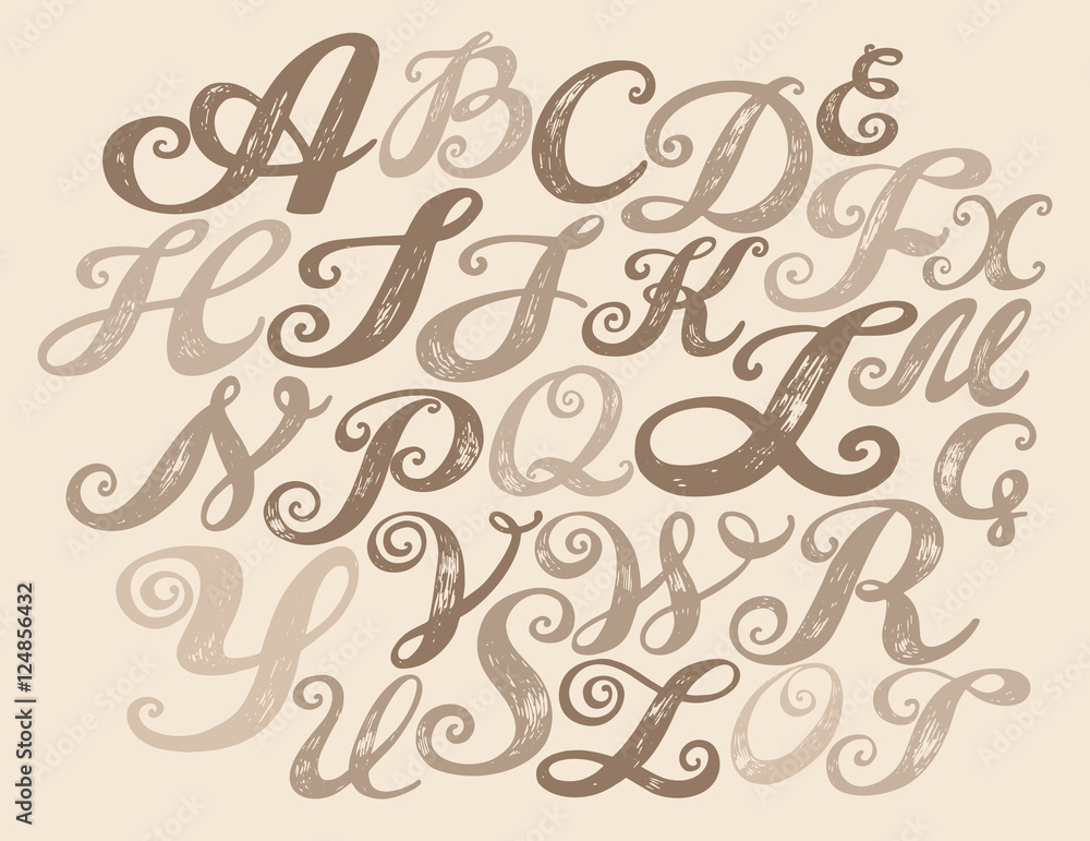 Calligraphy alphabet typeset lettering. Hand drawn alphabet. Capital and lower-case letters. Copy-book hand font. Hand drawn sketch of ABC letters in old fashion vintage style. Calligraphy letters set
