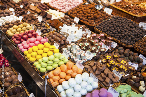 Photography Colourful sweets: macarons,chocolate in a La Boqueria Market, Barcelona, Catalonia