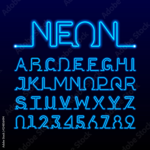 One thin line neon tube font. Alphabet and numbers.