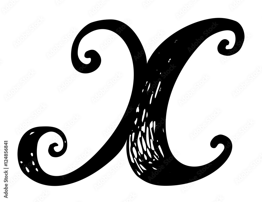 Letter X. Calligraphy alphabet typeset lettering. Hand drawn alphabet