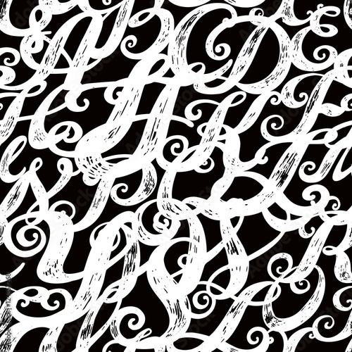 Calligraphy alphabet typeset lettering. Seamless wallpaper pattern. Hand drawn sketch of ABC letters in old fashion vintage style. 