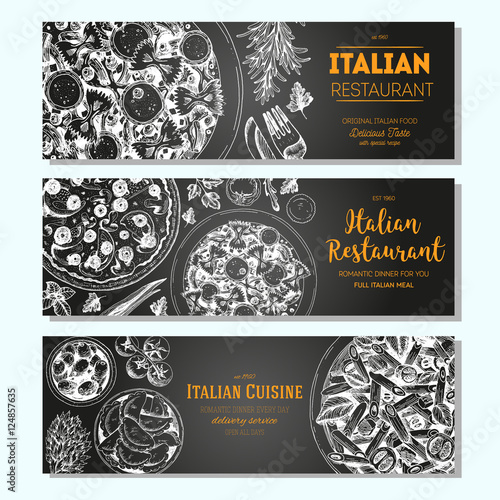 Italian food vintage design template. Horizontal banners set. Vector illustration hand drawn linear art. Italian Cuisine restaurant menu. Hand drawn sketch vector banners