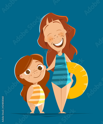 Happy mother and daughter in swimsuit
