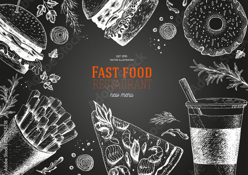 Fast food top view frame. Fast food banner, snack collection. Vintage vector illustration. Drawn in ink. Set of fast food, junk food.