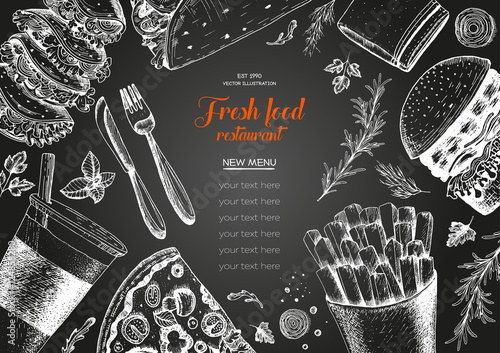 Fast food top view frame. Fast food banner, snack collection. Vintage vector illustration. Drawn in ink. Set of fast food, junk food.
