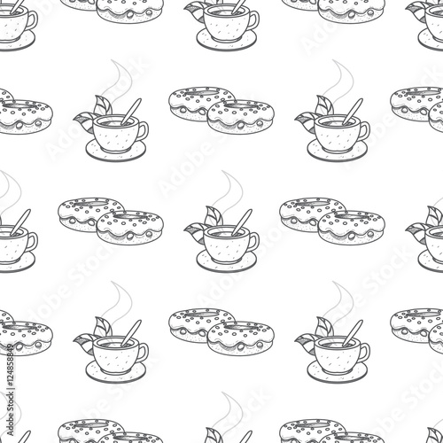 Seamless pattern with outline drawings on the theme of coffee. A cup of hot coffee or tea and donuts.