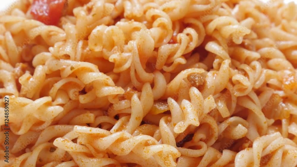 Prepared Italian food Girandole corkscrew shaped pasta in tomato sauce served 4K 2160p 30fps UltraHD footage - Spiral pasta served on plate close-up 3840X2160 UHD video Prepared Italian food Girandole corkscrew shaped pasta in tomato sauce served 4K 2160p 30fps UltraHD footage - Spiral pasta served on plate close-up 3840X2160 UHD video