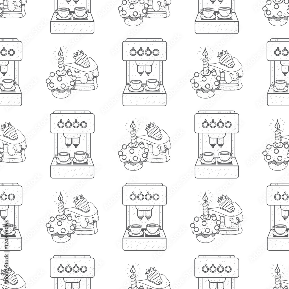 Seamless pattern with outline drawings on the theme of coffee. Coffee maker and cakes.