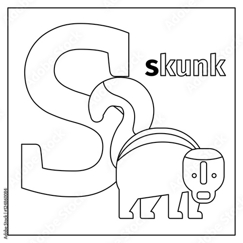 Coloring page or card for kids with English animals zoo alphabet. Skunk, letter S vector illustration