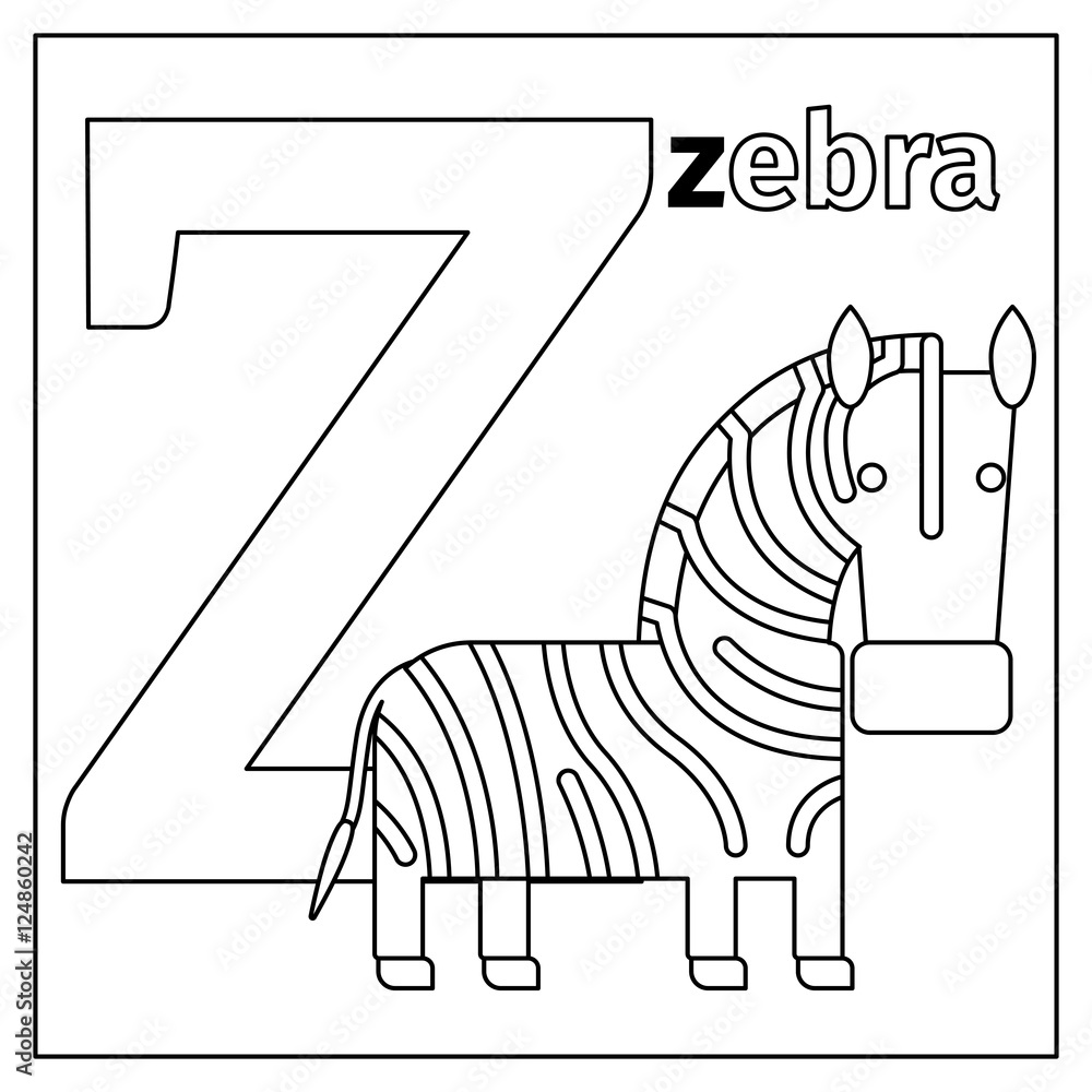 Coloring Page Or Card For Kids With English Animals Zoo Alphabet. Zebra, Letter  Z Vector Illustration Stock Vector | Adobe Stock