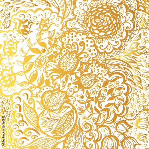 Floral doodle tattoo background. Illustration with paisley ornaments. Hand-drawn flowers. Universal backdrop for everything. Gold color.