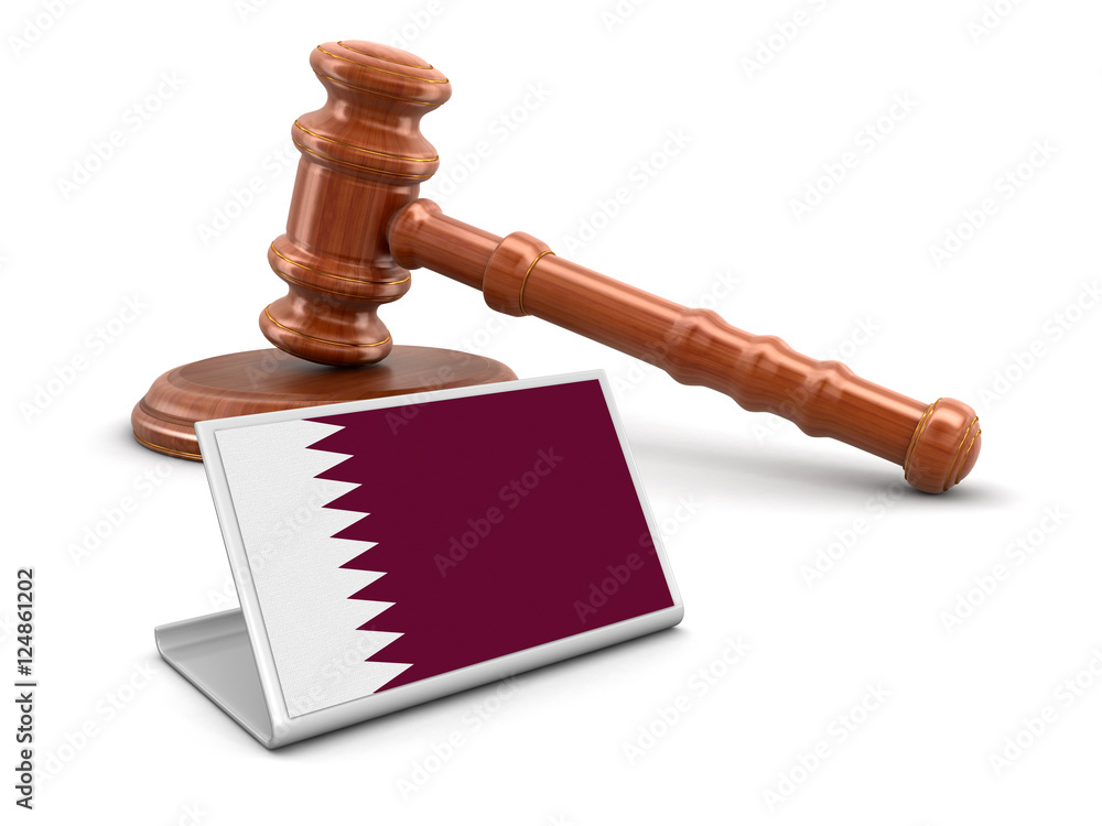 3d wooden mallet and Qatar flag. Image with clipping path