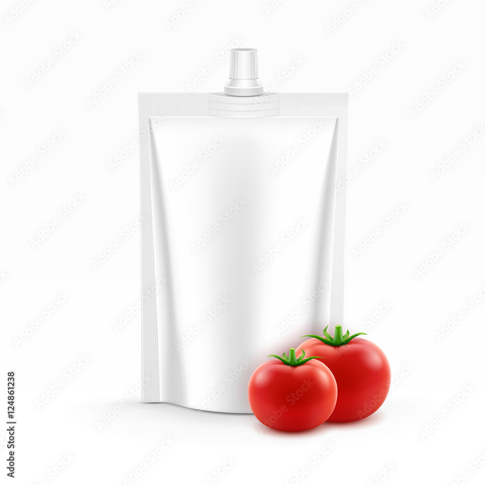 Vector Blank Plastic Stand up Pack or Pouch foil of Tomato Ketchup for Branding with Fresh Tomatoes Isolated on White Background Vector Blank Plastic Stand up Pack or Pouch foil of Tomato Ketchup for Branding with Fresh Tomatoes Isolated on White Background