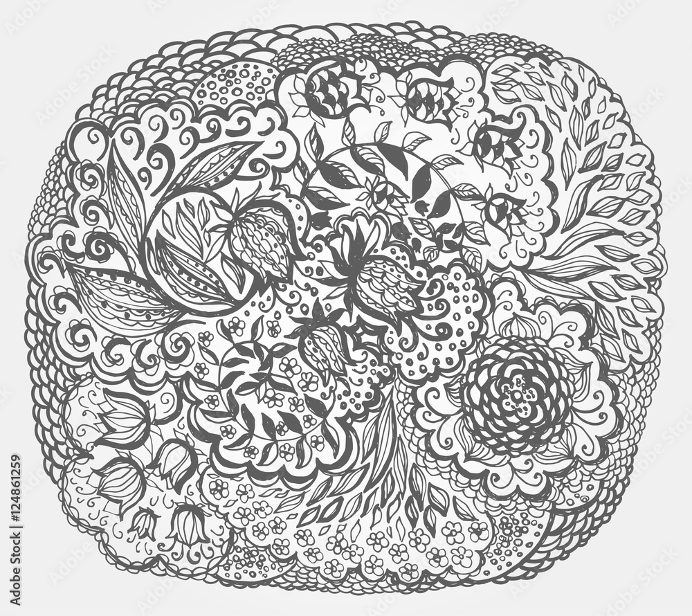 Floral doodle tattoo design. Illustration with paisley ornaments. Hand-drawn flowers.