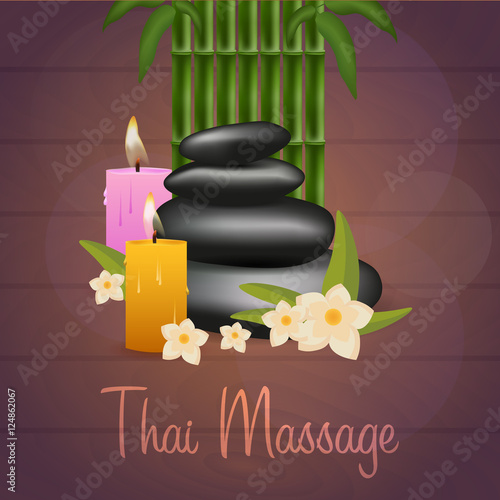 Spa salon banner with stones and bamboo. Thai Massage. Wood texture. Vector illustration