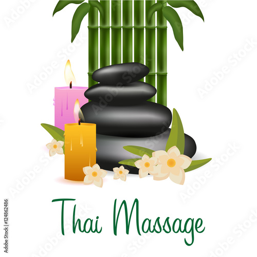 Spa salon banner with stones and bamboo. Thai Massage. Wood texture. Vector illustration