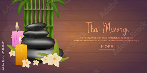 Spa salon banner with stones and bamboo. Thai Massage. Wood texture. Vector illustration