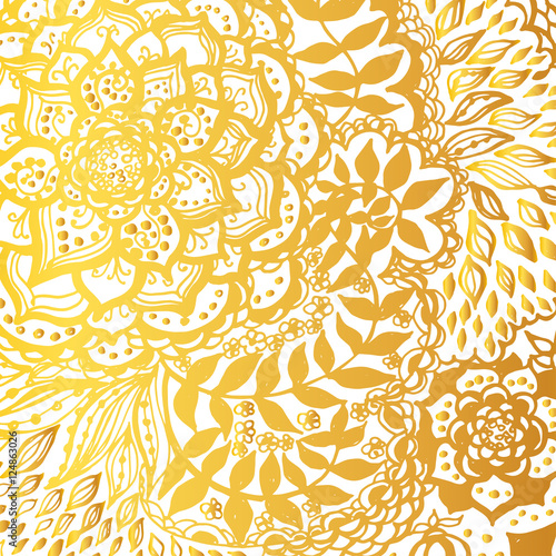 Floral doodle tattoo background. Illustration with paisley ornaments. Hand-drawn flowers. Universal backdrop for everything. Gold color.