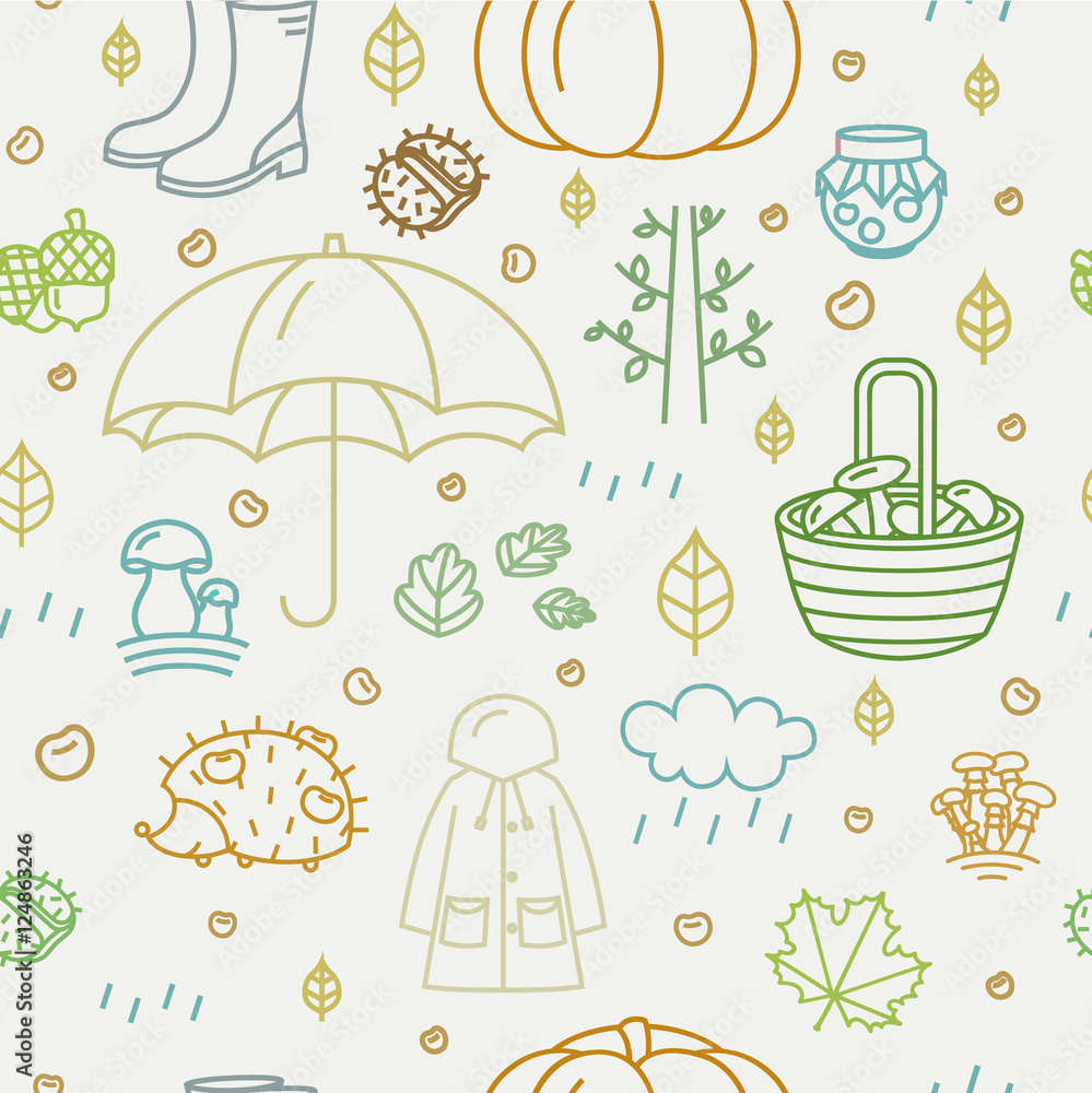 Seamless pattern with different autumn symbols. Linear nature icons background. Vector illustration.