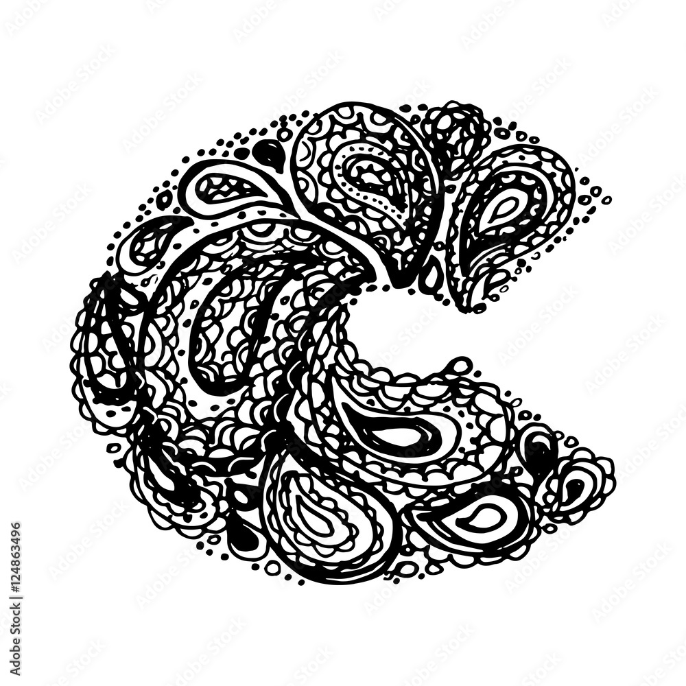 Letter C. Decorative Alphabet with a paisley zen doodle tattoo ornaments filling. Display font and numbers. Hand drawn letters in vintage style. Used for quote lettering. Letter C. Decorative Alphabet with a paisley zen doodle tattoo ornaments filling. Display font and numbers. Hand drawn letters in vintage style. Used for quote lettering.