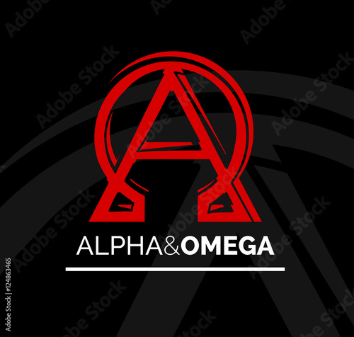 Concept logo icon design of Alpha and Omega symbol - from beginning to end or first and last. Red and white vector illustration on black background.