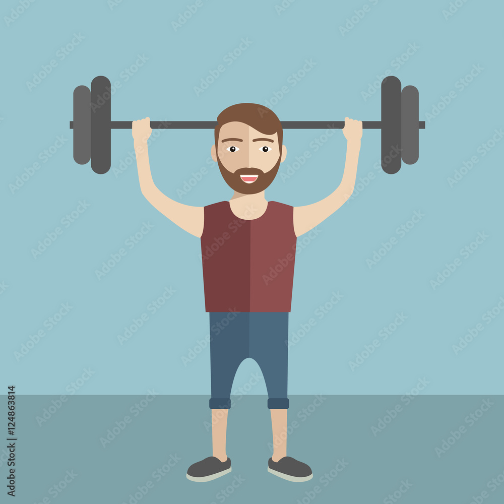 Vector illustration Hipster funny man lifting barbell with fitness attire inside the gym. Flat style Vector illustration Hipster funny man lifting barbell with fitness attire inside the gym. Flat style
