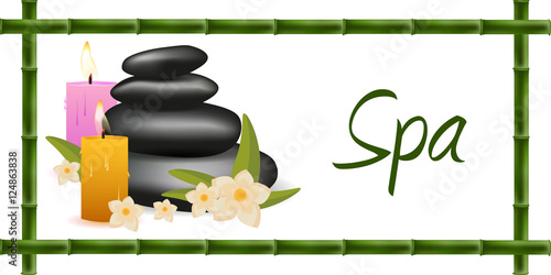 Spa salon banner with stones. Thai Massage. Wood texture. Vector illustration