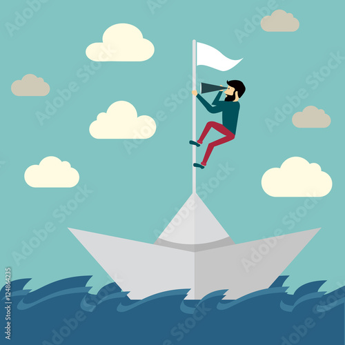 Businessman is sailing on paper boat in ocean.