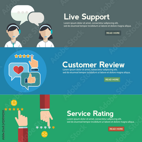 Business customer care service concept, rating on customer service and review flat banner set