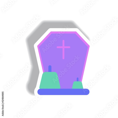 Vector illustration paper sticker Halloween icon grave monument and pumpkins