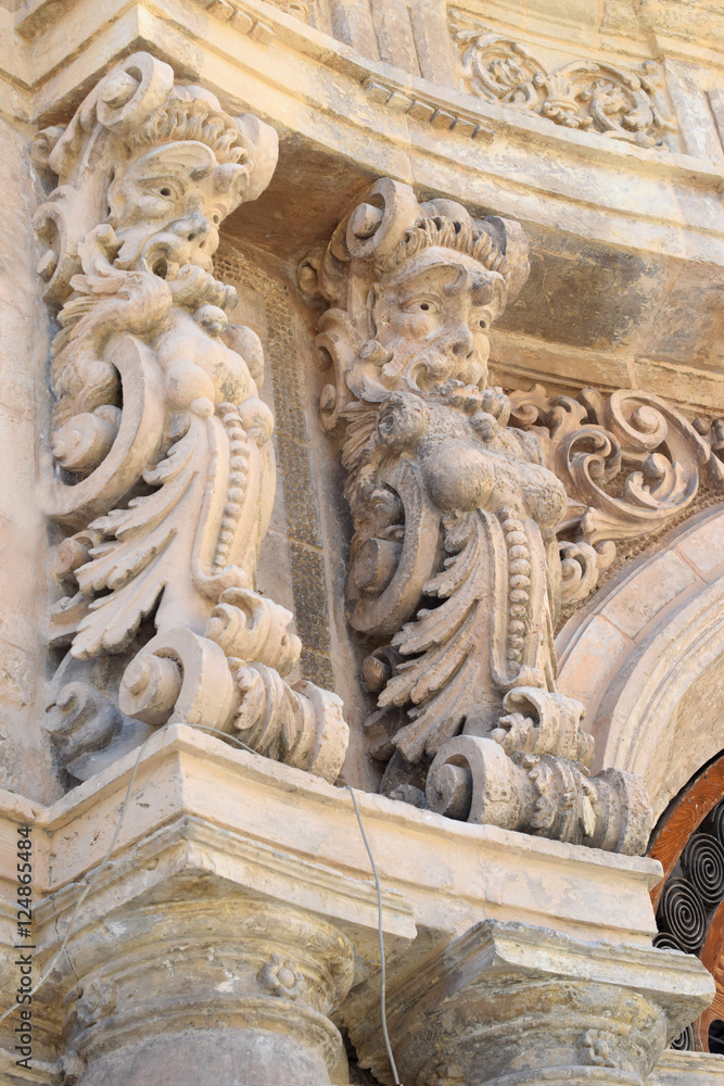 Details of building decoration in the form of mythological persons. A perfect example of Sicilian Baroque.