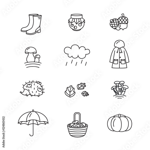 Big collection of linear icons with different autumn and fall symbols. Clothing, jam, weather, mushrooms, harvest etc.